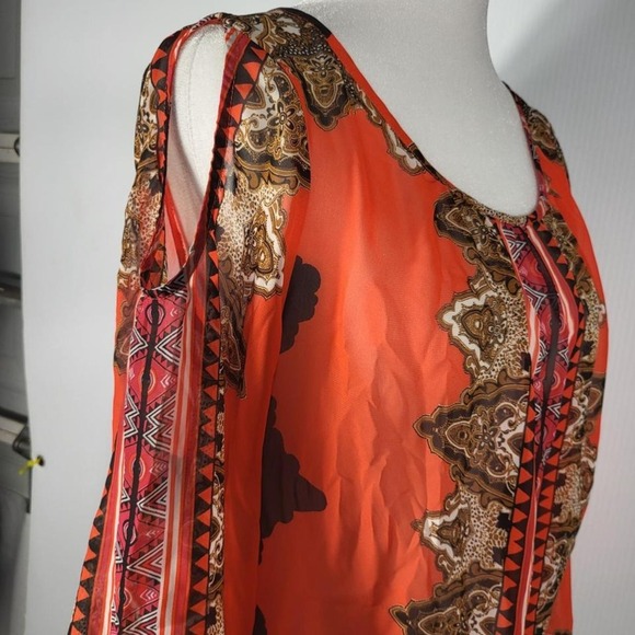 New York & Company Women's Vibrant Orange symmetrical pattern Print Size M - Picture 2 of 8